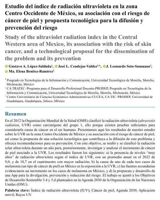 Imagen de Estudio del índice de radiación ultravioleta en la zona Centro Occidente de México, su asociación con el riesgo de cáncer de piel y propuesta tecnológica para la difusión y prevención del riesgo